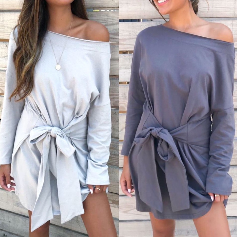 010 Solid one shoulder charcoal belted Long sleeve dress - Picture 1 of 3